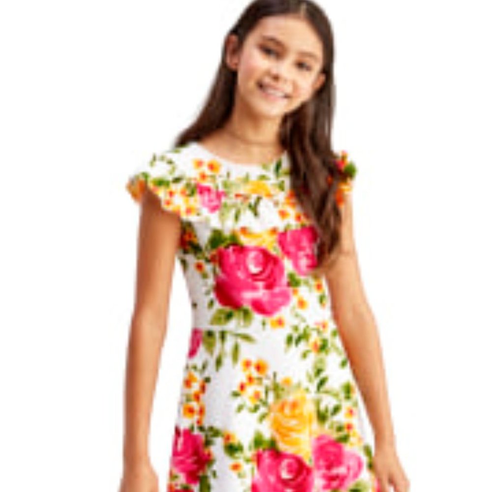 Girls Floral Ruffle Stretch Jacquard Dress